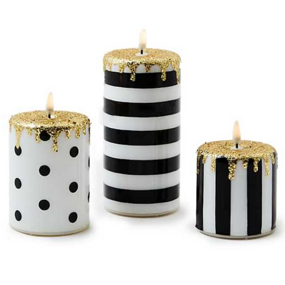 Mackenzie-Childs Courtly Illuminated Stripe & Dot Candles, Set of 3. New in Box!